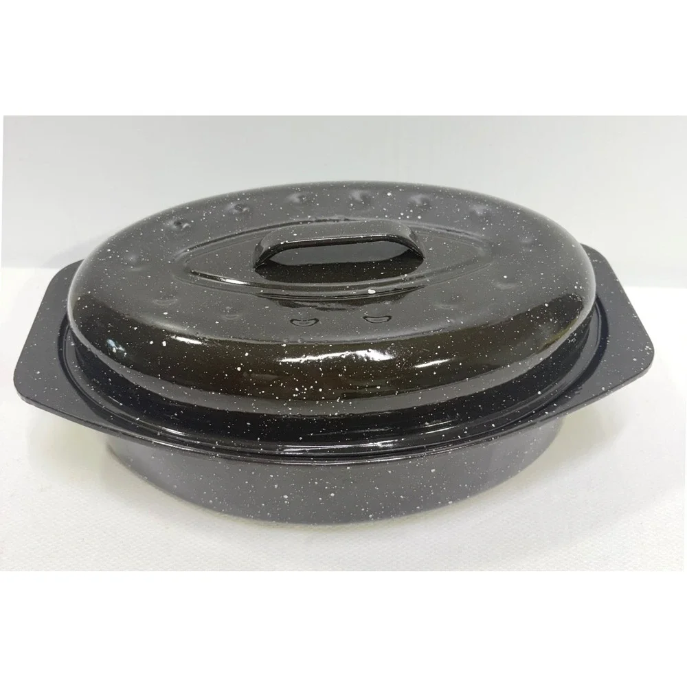 Granite Ware Black Speckled Enamel Oval Roasting Pan with Self-Basting Lid 13in